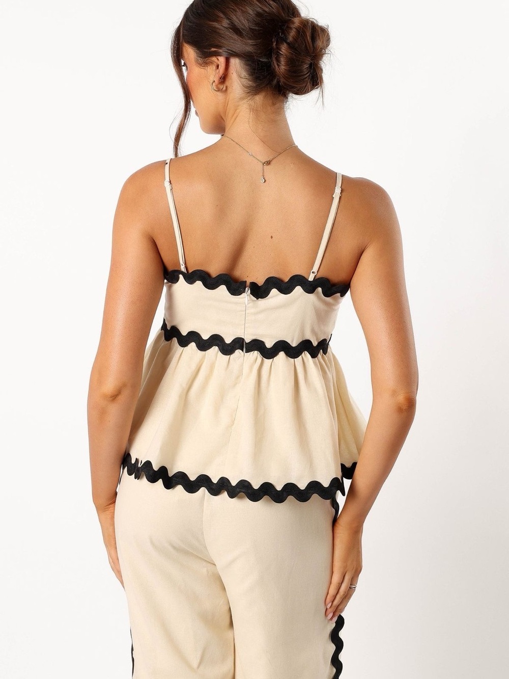 Women’s Cream Spaghetti Strap Peplum Top with Black Trim
